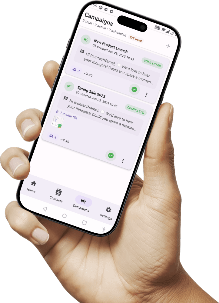 Application Auto Sender affichant une liste de campagnes WhatsApp terminées