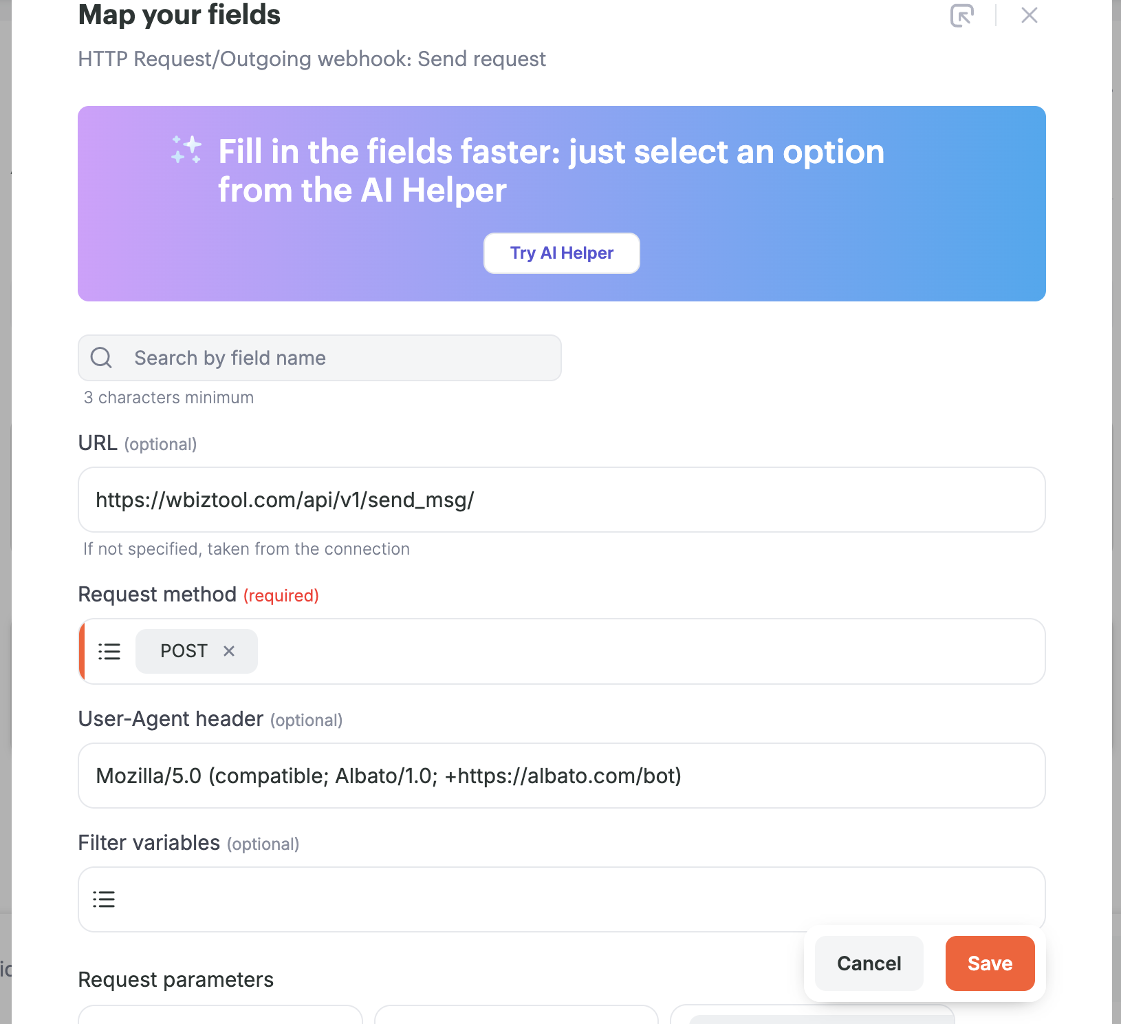 Albato Map your fields with the Wbiztool send_msg URL and request method POST
