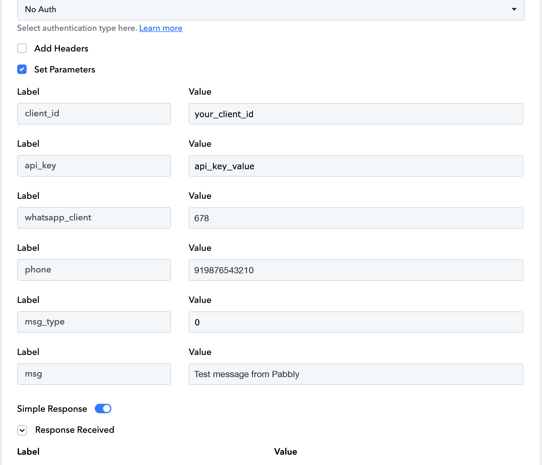 Pabbly Connect Set Parameters with client_id, api_key, whatsapp_client, phone, msg_type and msg rows